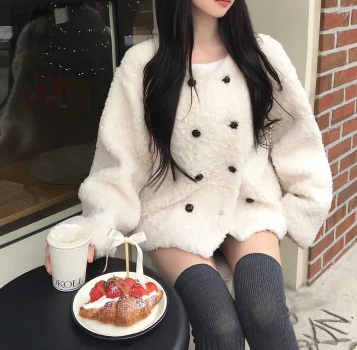 chic 한국 스타일 이중 버튼 양털 재킷 상세 이미지 4