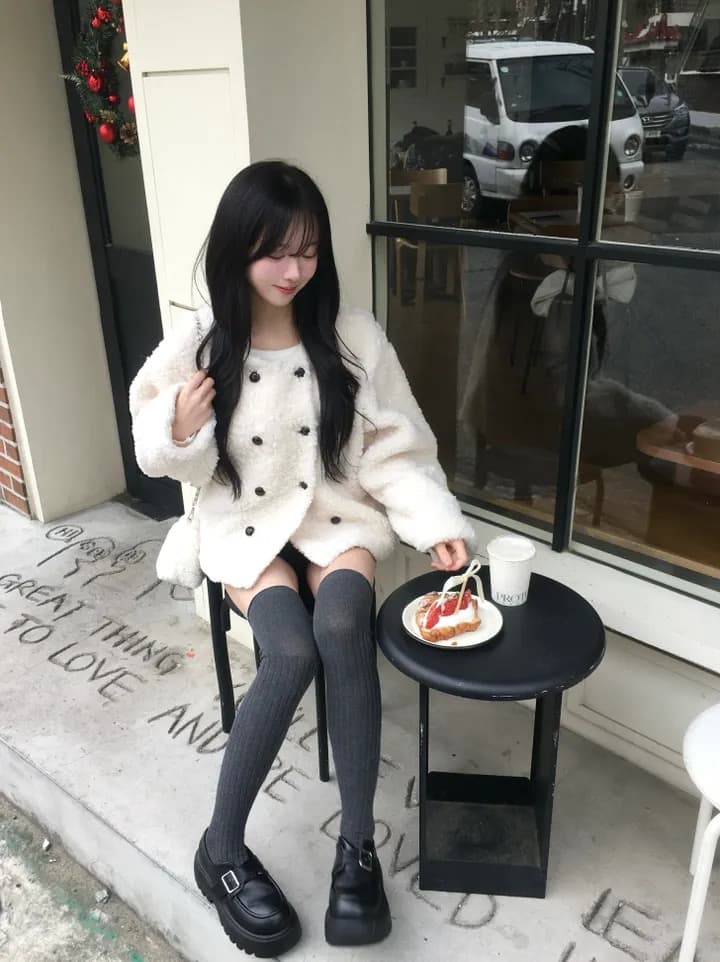 chic 한국 스타일 이중 버튼 양털 재킷 상세 이미지 5