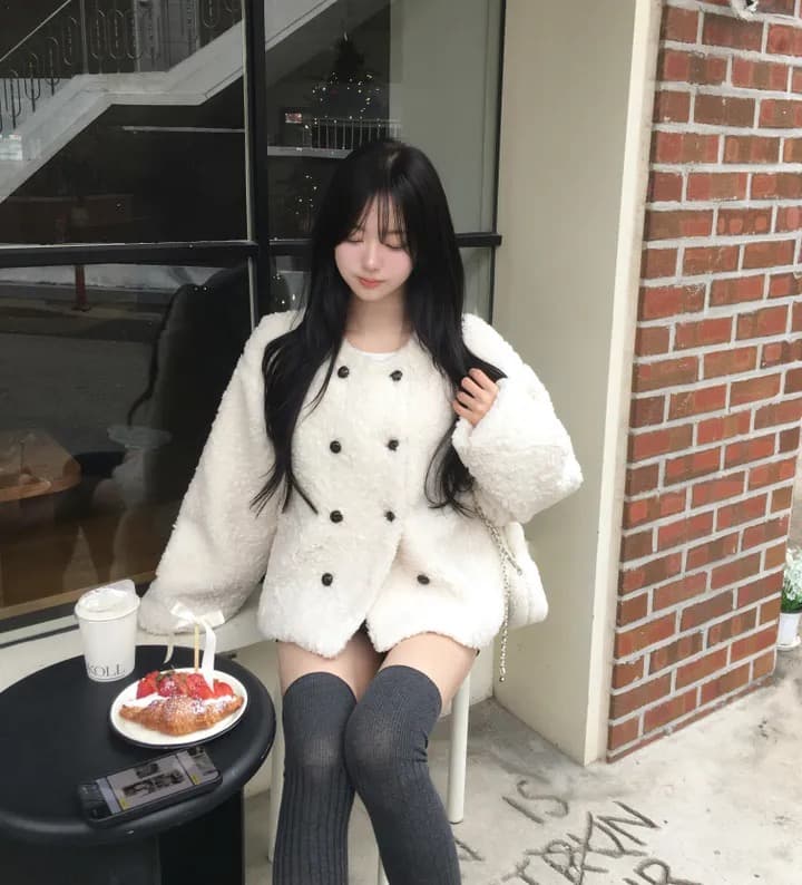 chic 한국 스타일 이중 버튼 양털 재킷 상세 이미지 6