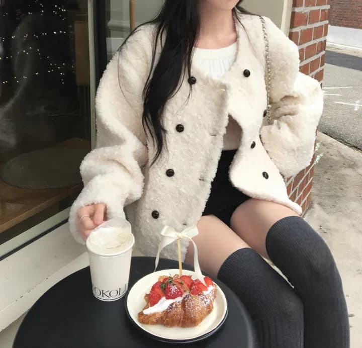 chic 한국 스타일 이중 버튼 양털 재킷 상세 이미지 7