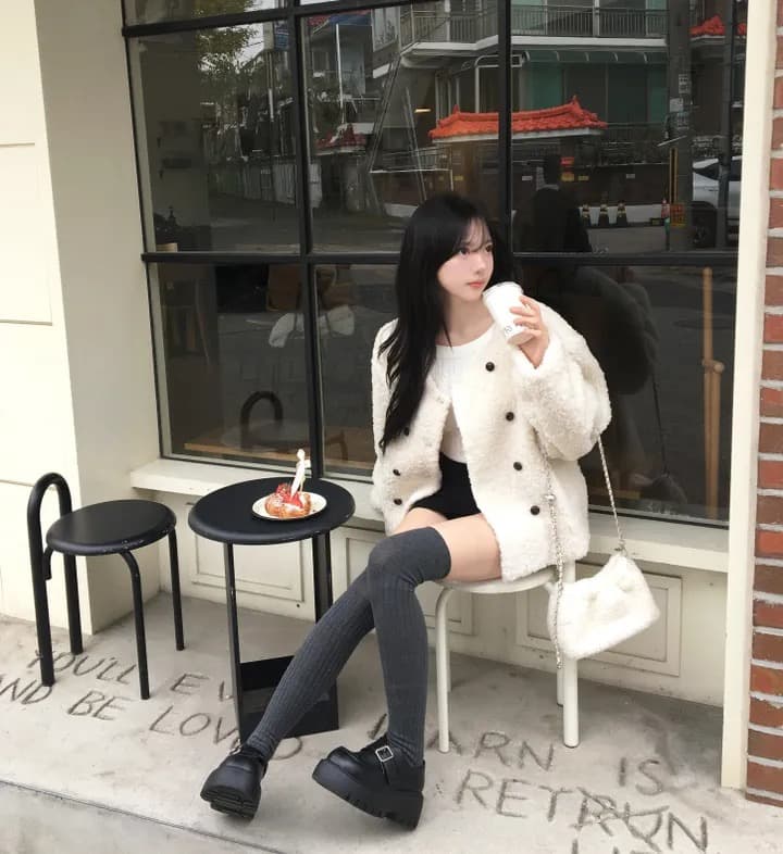chic 한국 스타일 이중 버튼 양털 재킷 상세 이미지 8