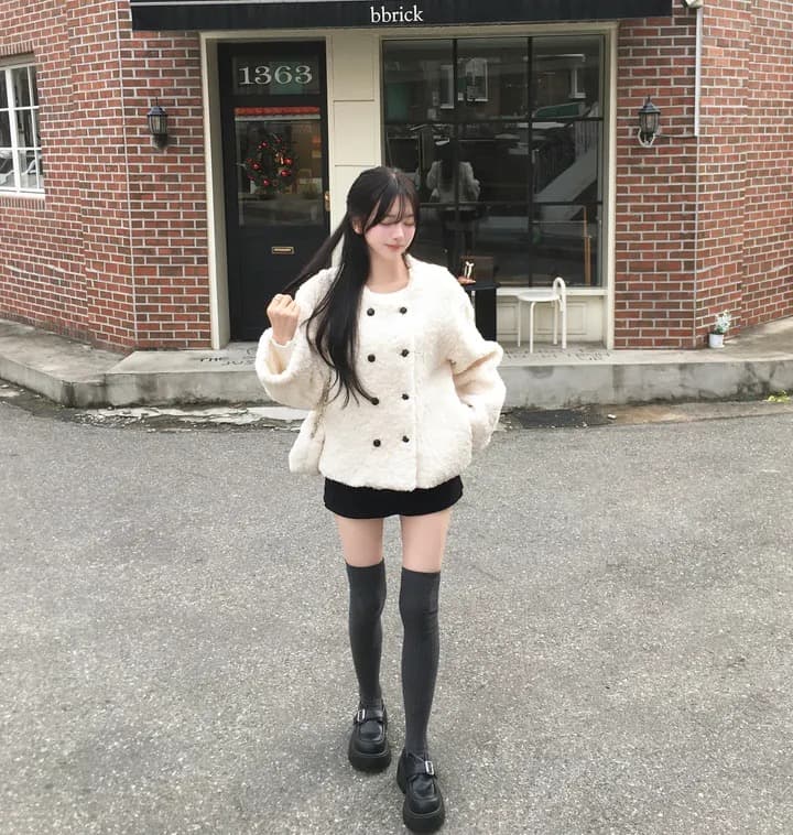 chic 한국 스타일 이중 버튼 양털 재킷 상세 이미지 9