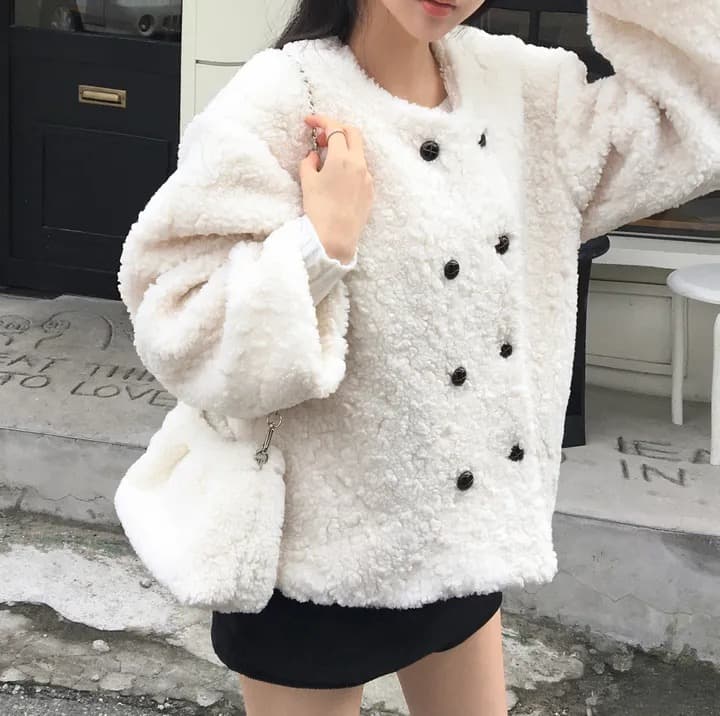chic 한국 스타일 이중 버튼 양털 재킷 상세 이미지 15