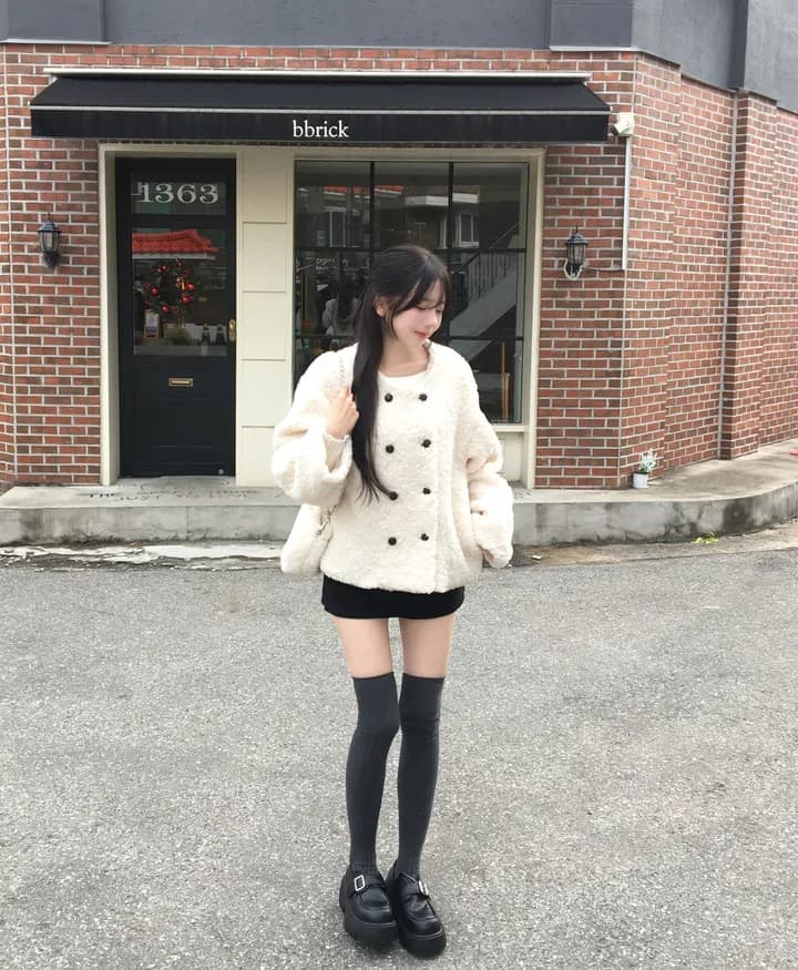chic 한국 스타일 이중 버튼 양털 재킷 상세 이미지 16