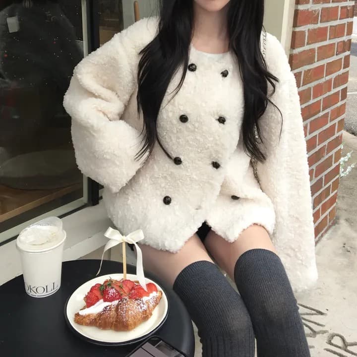 chic 한국 스타일 이중 버튼 양털 재킷 상세 이미지 23