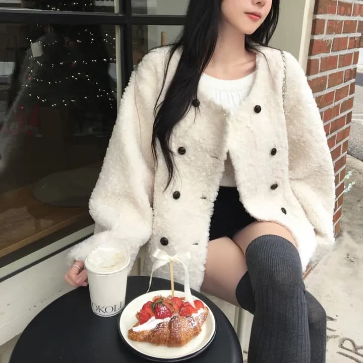 chic 한국 스타일 이중 버튼 양털 재킷 상세 이미지 24