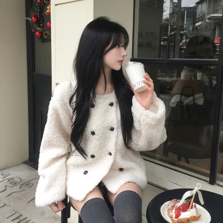 chic 한국 스타일 이중 버튼 양털 재킷 상세 이미지 29