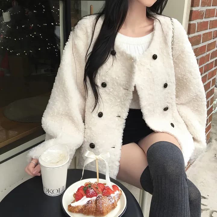 chic 한국 스타일 이중 버튼 양털 재킷 상세 이미지 30