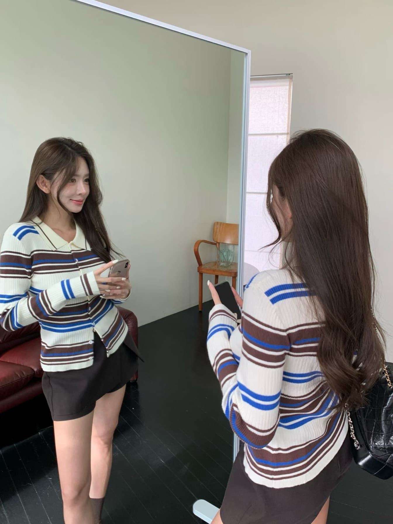 재고 있음 한국 동대문 가을 품격 다용도 슬림해 보이는 몸매 가꾸기 폴로 칼라 싱글 줄 버튼 스트라이프 긴팔 니트 스웨터 상세 이미지 7