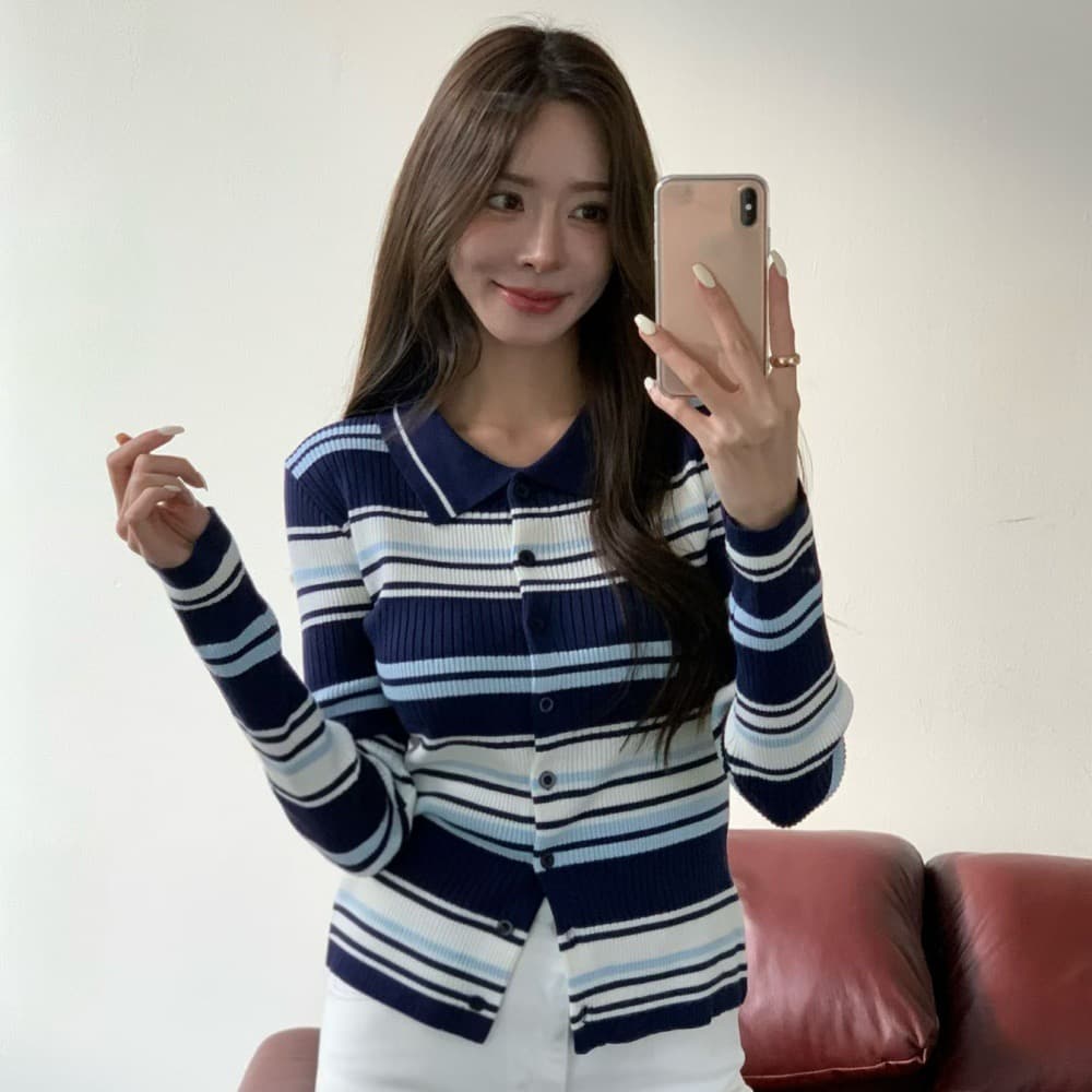 재고 있음 한국 동대문 가을 품격 다용도 슬림해 보이는 몸매 가꾸기 폴로 칼라 싱글 줄 버튼 스트라이프 긴팔 니트 스웨터 상세 이미지 20