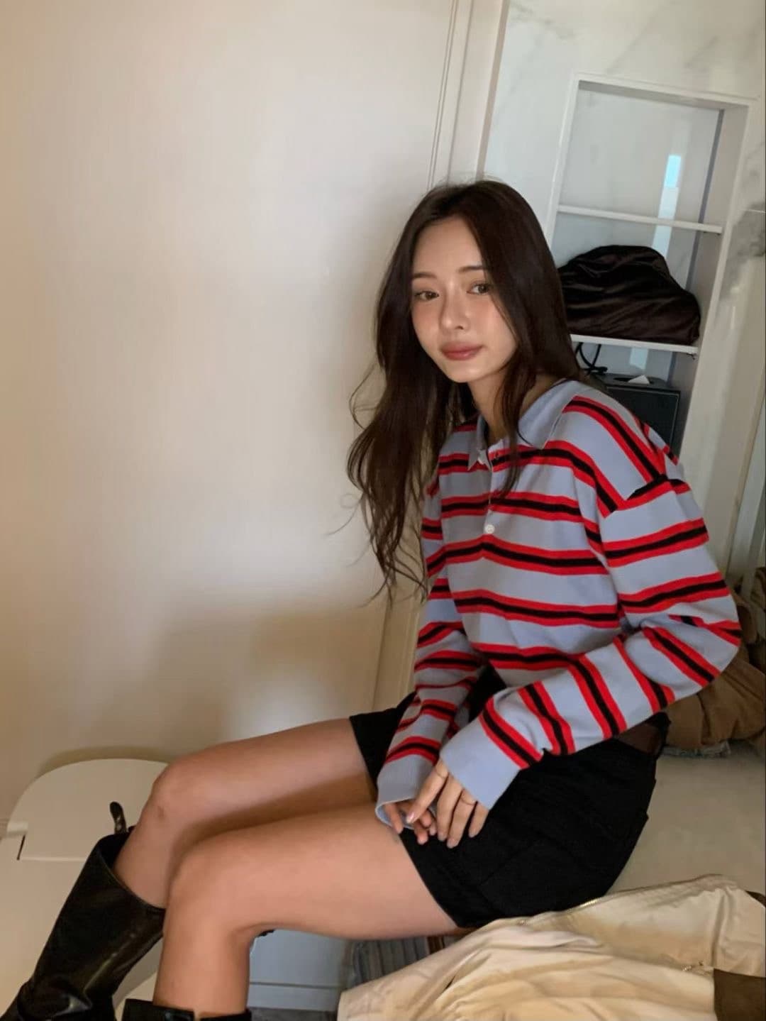 한국 동대문 이른 가을 새로운 폴로 칼라 긴팔 티셔츠 여성 단추 미니멀리즘 편안함 만나는 니트 맨위 상세 이미지 1
