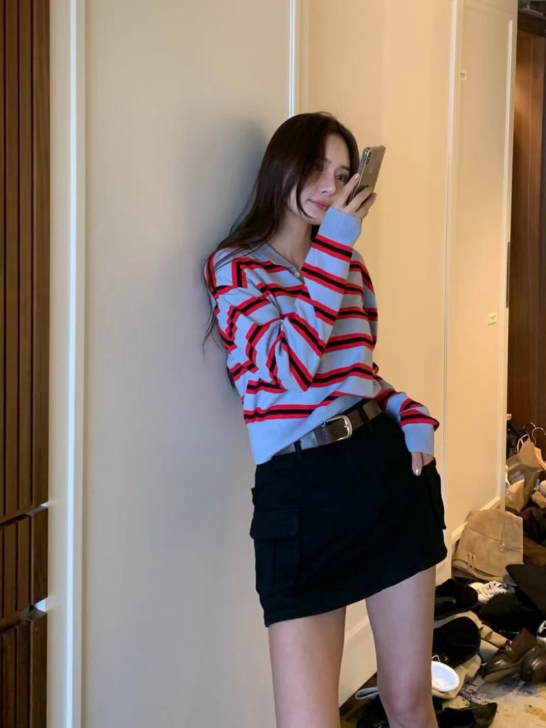 한국 동대문 이른 가을 새로운 폴로 칼라 긴팔 티셔츠 여성 단추 미니멀리즘 편안함 만나는 니트 맨위 상세 이미지 4