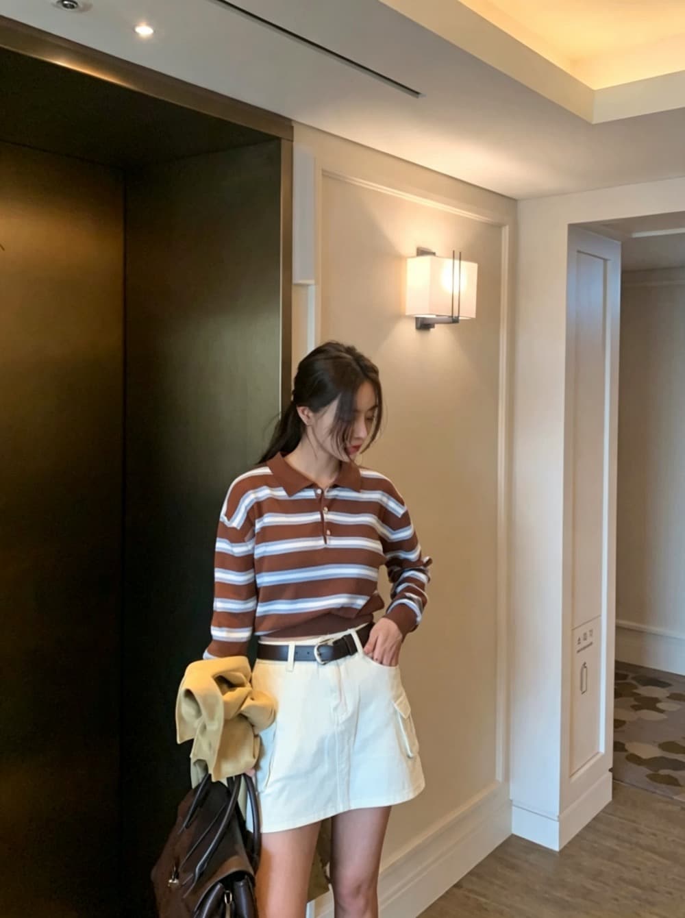 한국 동대문 이른 가을 새로운 폴로 칼라 긴팔 티셔츠 여성 단추 미니멀리즘 편안함 만나는 니트 맨위 상세 이미지 12