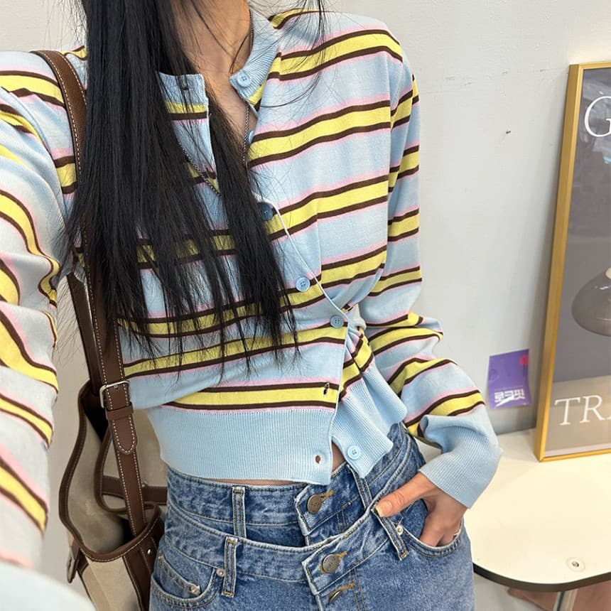 한 부서 다용도 스트라이프 배색 니트 카디건 코트 가을 연령 감소 슬림해 보이는 맨위 여성 이미지 3