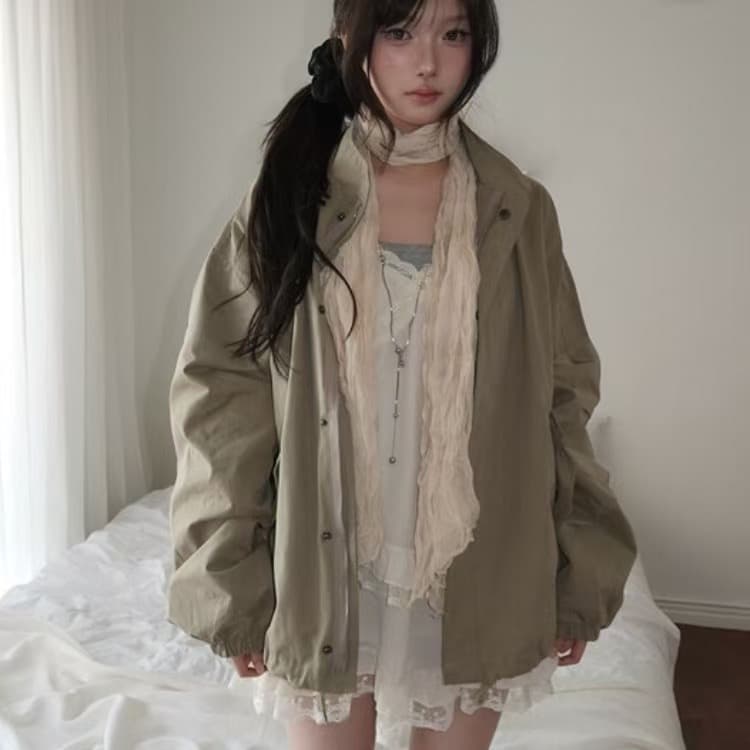 재고 있음 한국 ins 레트로 워크웨어 바람 루즈핏 다용도 스탠드 칼라 바람막이 상세 이미지 34