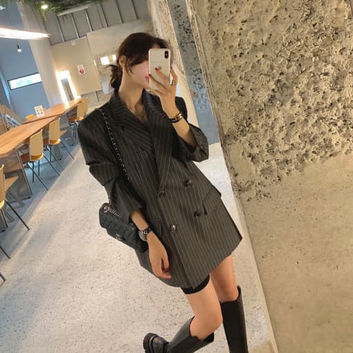 한국 ins 고급 센스 세로 줄무늬 루즈핏 세련된 블레이저 벨트 포함 상세 이미지 4