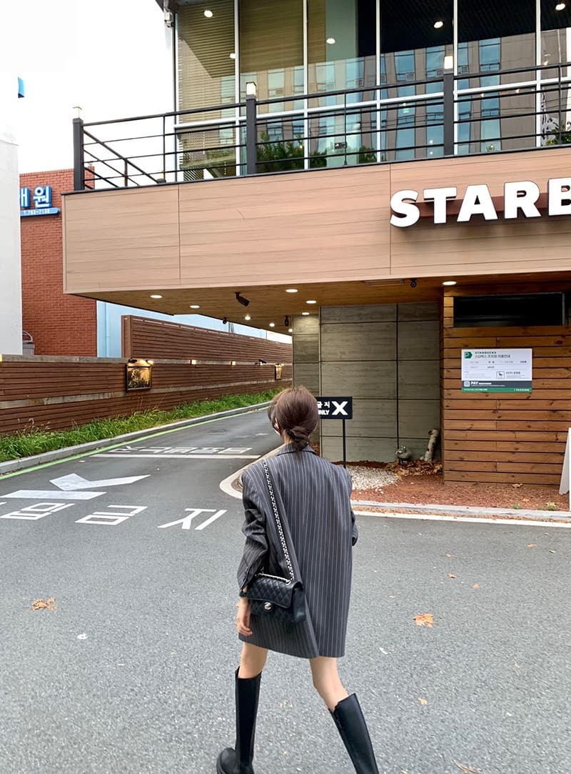 한국 ins 고급 센스 세로 줄무늬 루즈핏 세련된 블레이저 벨트 포함 상세 이미지 6