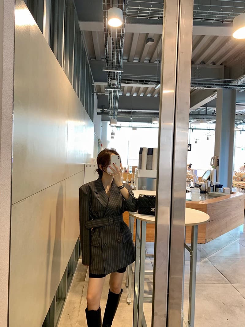 한국 ins 고급 센스 세로 줄무늬 루즈핏 세련된 블레이저 벨트 포함 상세 이미지 19