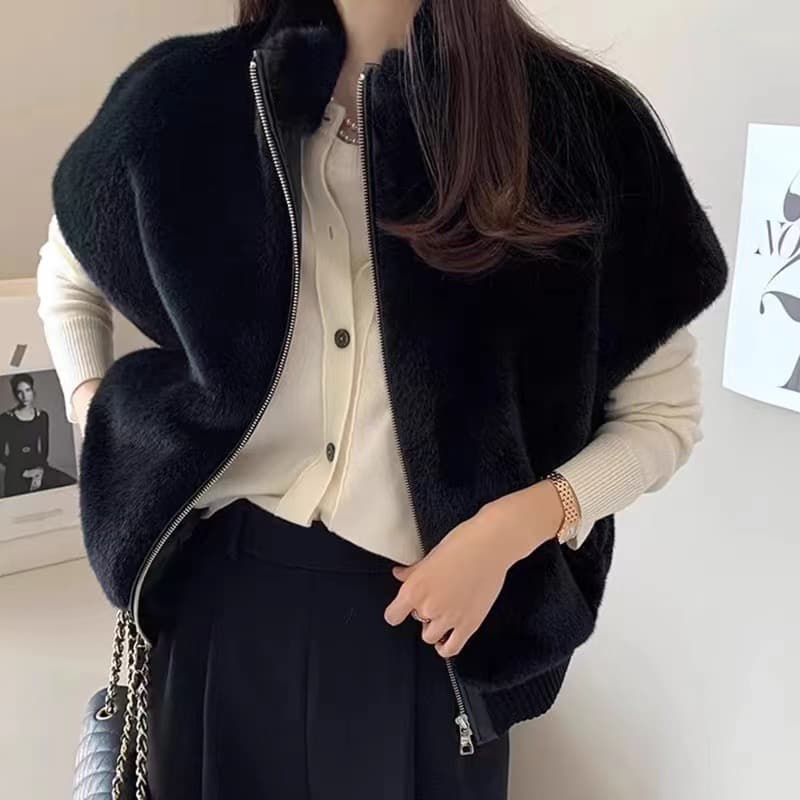한국 chic 스탠드 칼라 지퍼 루즈핏 모피 베스트 여성 코트 이미지 3
