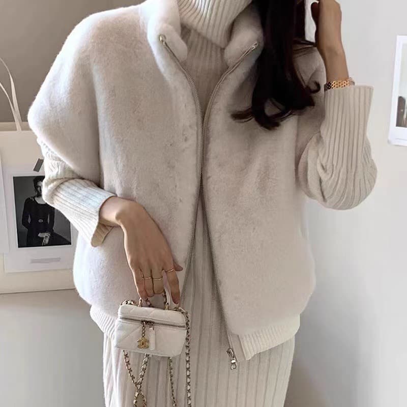 한국 chic 스탠드 칼라 지퍼 루즈핏 모피 베스트 여성 코트