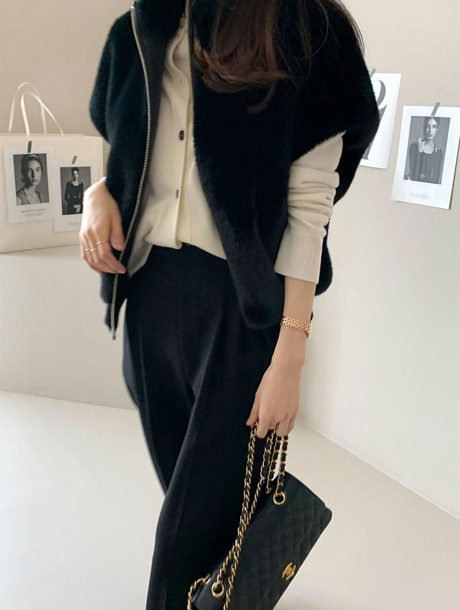 한국 chic 스탠드 칼라 지퍼 루즈핏 모피 베스트 여성 코트 상세 이미지 8