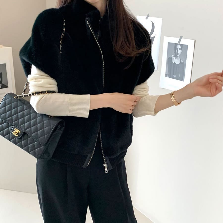 한국 chic 스탠드 칼라 지퍼 루즈핏 모피 베스트 여성 코트 상세 이미지 11