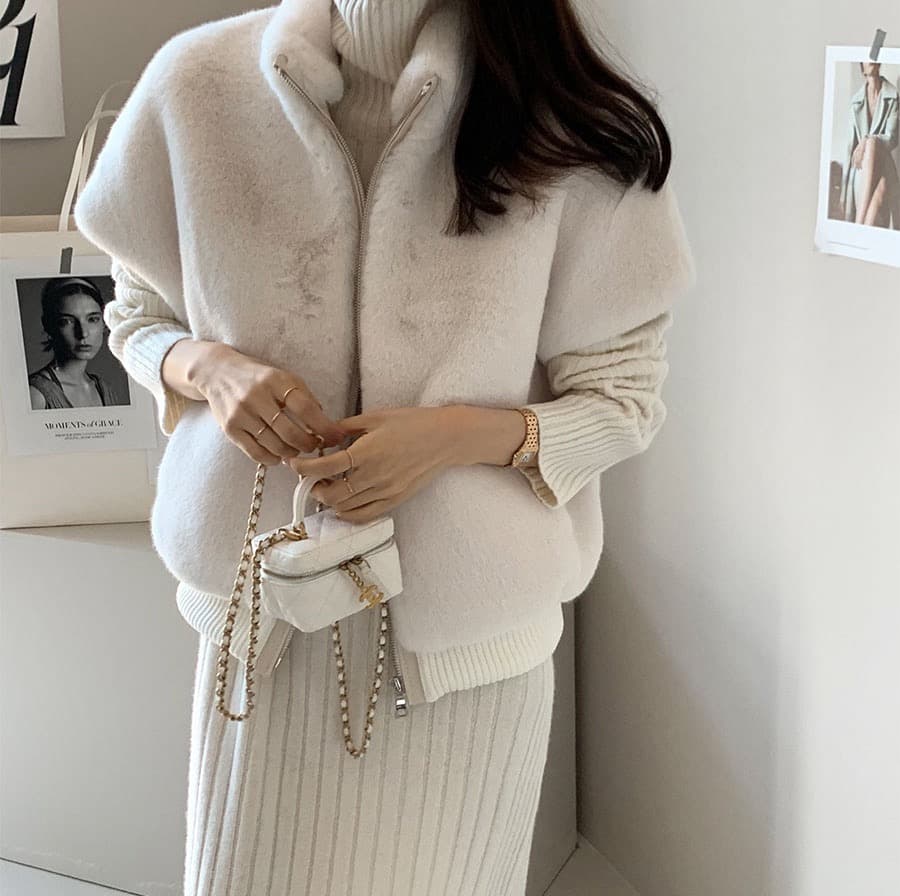 한국 chic 스탠드 칼라 지퍼 루즈핏 모피 베스트 여성 코트 상세 이미지 24