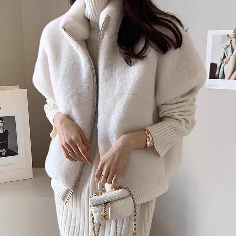 한국 chic 스탠드 칼라 지퍼 루즈핏 모피 베스트 여성 코트 상세 이미지 34