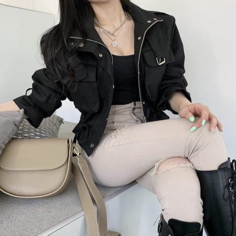 한국 스타일 패션 펌프 로프 허리 수축 쇼트 스타일 다용도 캐주얼 워크웨어 재킷 재킷 상세 이미지 3