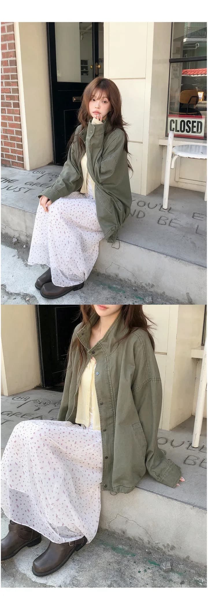 재고 있음 chic 가을 루즈핏 가을 어깨 펌프 로프 레트로 마 오래된 스탠드 칼라 워크웨어 재킷 상세 이미지 8