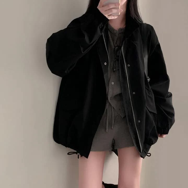 chic 한국 가을 레트로 폴로 칼라 캐주얼 워크웨어 지퍼 어둠 버클 펌프 로프 허리 수축 바람막이 재킷 재킷 이미지 3