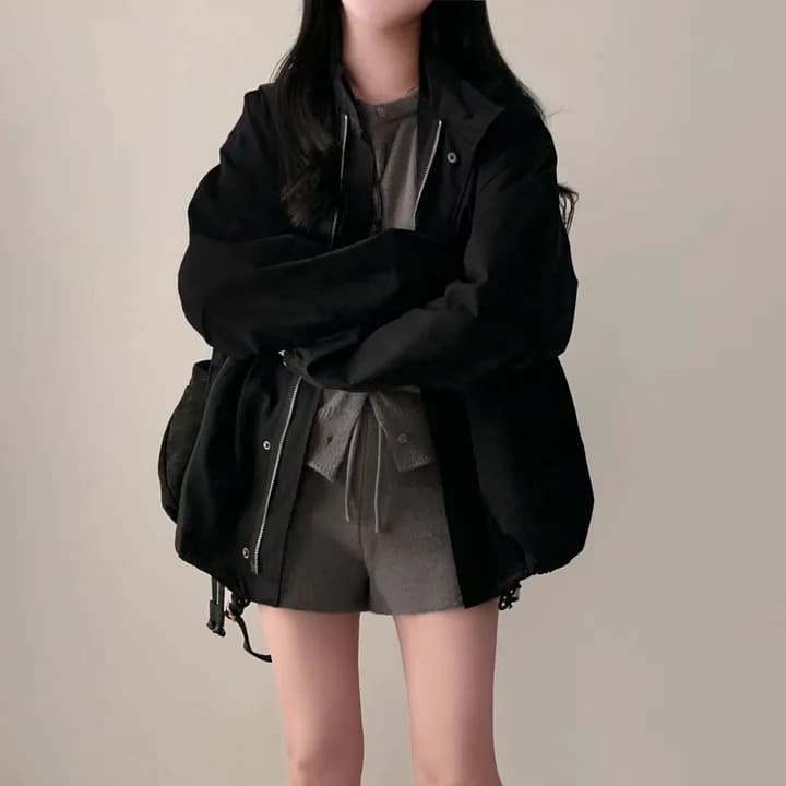 chic 한국 가을 레트로 폴로 칼라 캐주얼 워크웨어 지퍼 어둠 버클 펌프 로프 허리 수축 바람막이 재킷 재킷 상세 이미지 4