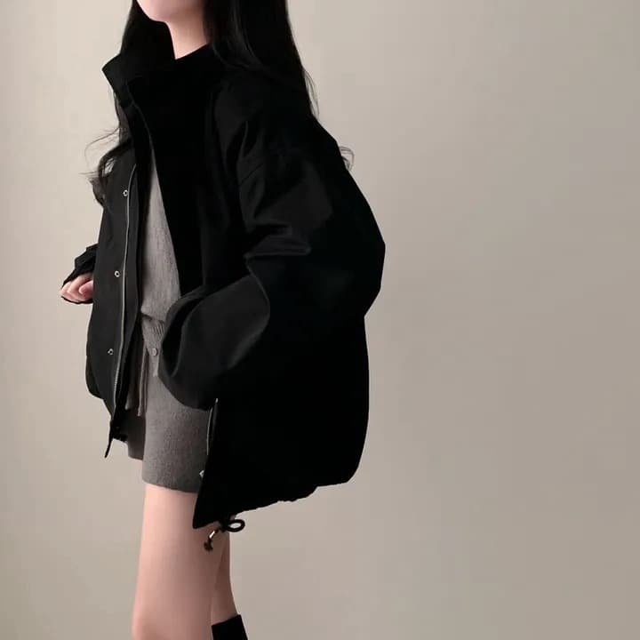 chic 한국 가을 레트로 폴로 칼라 캐주얼 워크웨어 지퍼 어둠 버클 펌프 로프 허리 수축 바람막이 재킷 재킷 상세 이미지 5