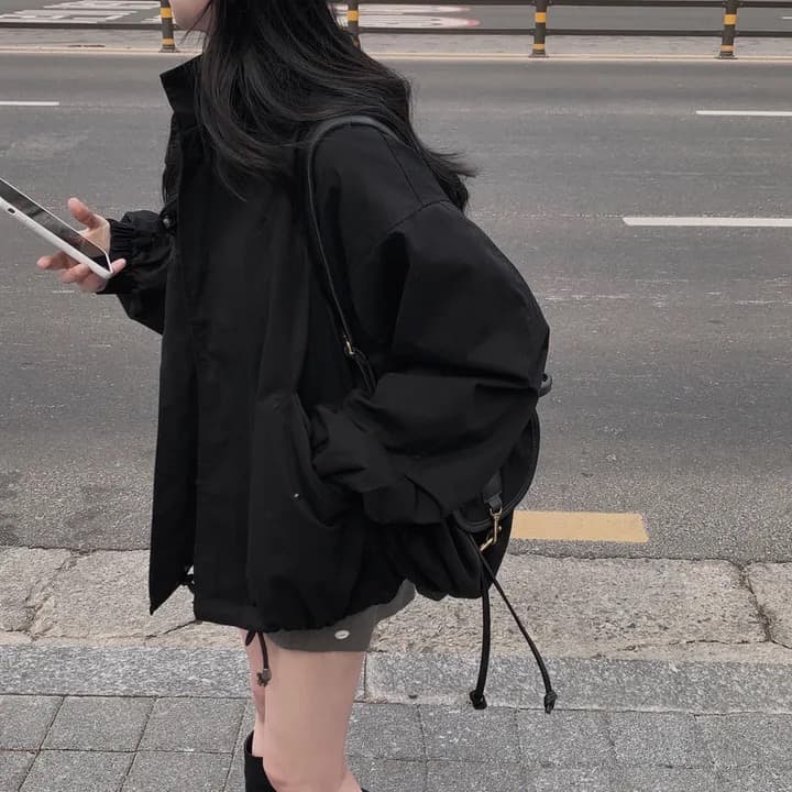 chic 한국 가을 레트로 폴로 칼라 캐주얼 워크웨어 지퍼 어둠 버클 펌프 로프 허리 수축 바람막이 재킷 재킷 상세 이미지 8