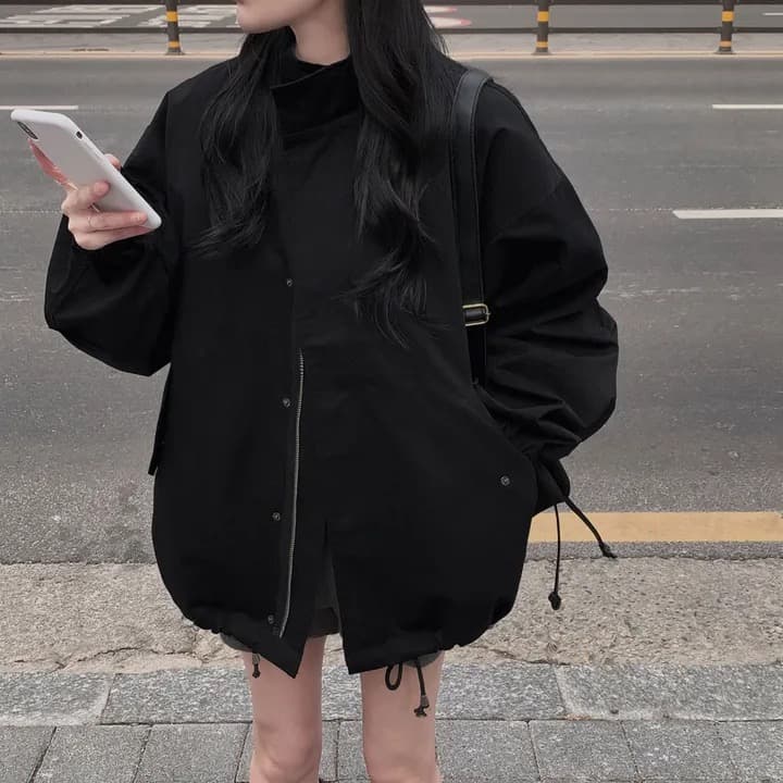 chic 한국 가을 레트로 폴로 칼라 캐주얼 워크웨어 지퍼 어둠 버클 펌프 로프 허리 수축 바람막이 재킷 재킷 상세 이미지 11
