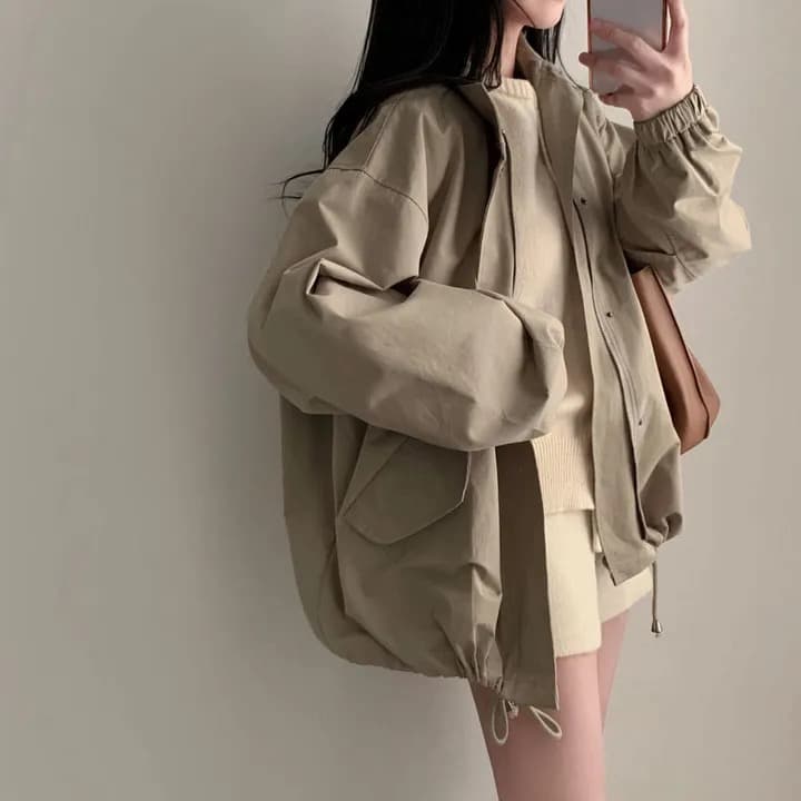 chic 한국 가을 레트로 폴로 칼라 캐주얼 워크웨어 지퍼 어둠 버클 펌프 로프 허리 수축 바람막이 재킷 재킷 상세 이미지 15