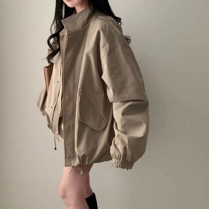 chic 한국 가을 레트로 폴로 칼라 캐주얼 워크웨어 지퍼 어둠 버클 펌프 로프 허리 수축 바람막이 재킷 재킷 상세 이미지 16