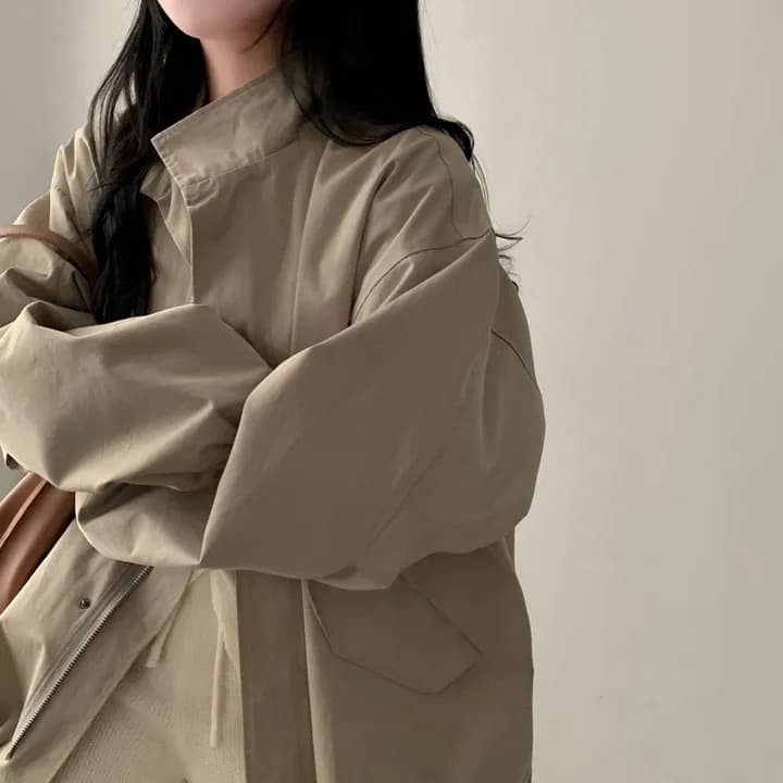 chic 한국 가을 레트로 폴로 칼라 캐주얼 워크웨어 지퍼 어둠 버클 펌프 로프 허리 수축 바람막이 재킷 재킷 상세 이미지 17