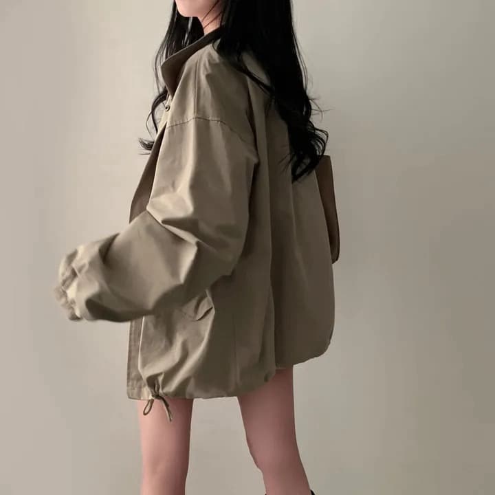 chic 한국 가을 레트로 폴로 칼라 캐주얼 워크웨어 지퍼 어둠 버클 펌프 로프 허리 수축 바람막이 재킷 재킷 상세 이미지 19