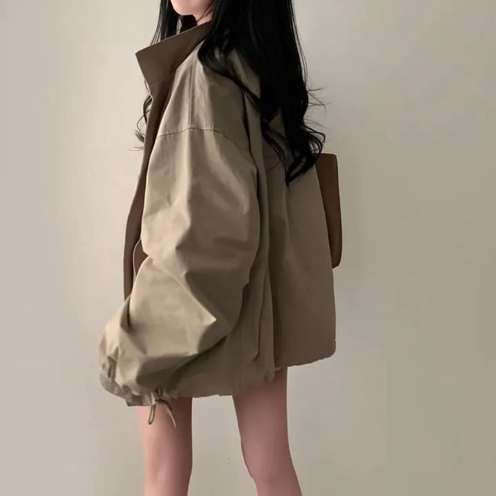 chic 한국 가을 레트로 폴로 칼라 캐주얼 워크웨어 지퍼 어둠 버클 펌프 로프 허리 수축 바람막이 재킷 재킷 상세 이미지 20