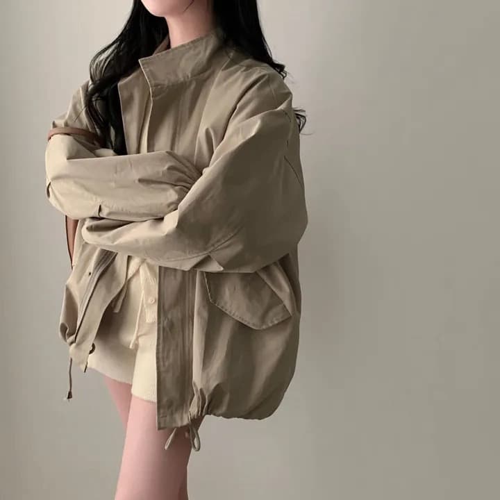 chic 한국 가을 레트로 폴로 칼라 캐주얼 워크웨어 지퍼 어둠 버클 펌프 로프 허리 수축 바람막이 재킷 재킷 상세 이미지 21