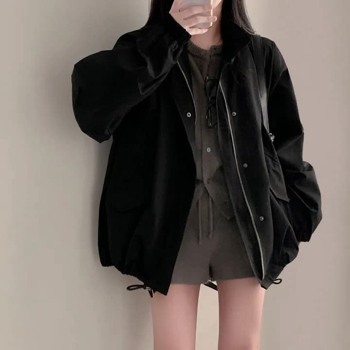 chic 한국 가을 레트로 폴로 칼라 캐주얼 워크웨어 지퍼 어둠 버클 펌프 로프 허리 수축 바람막이 재킷 재킷 상세 이미지 22