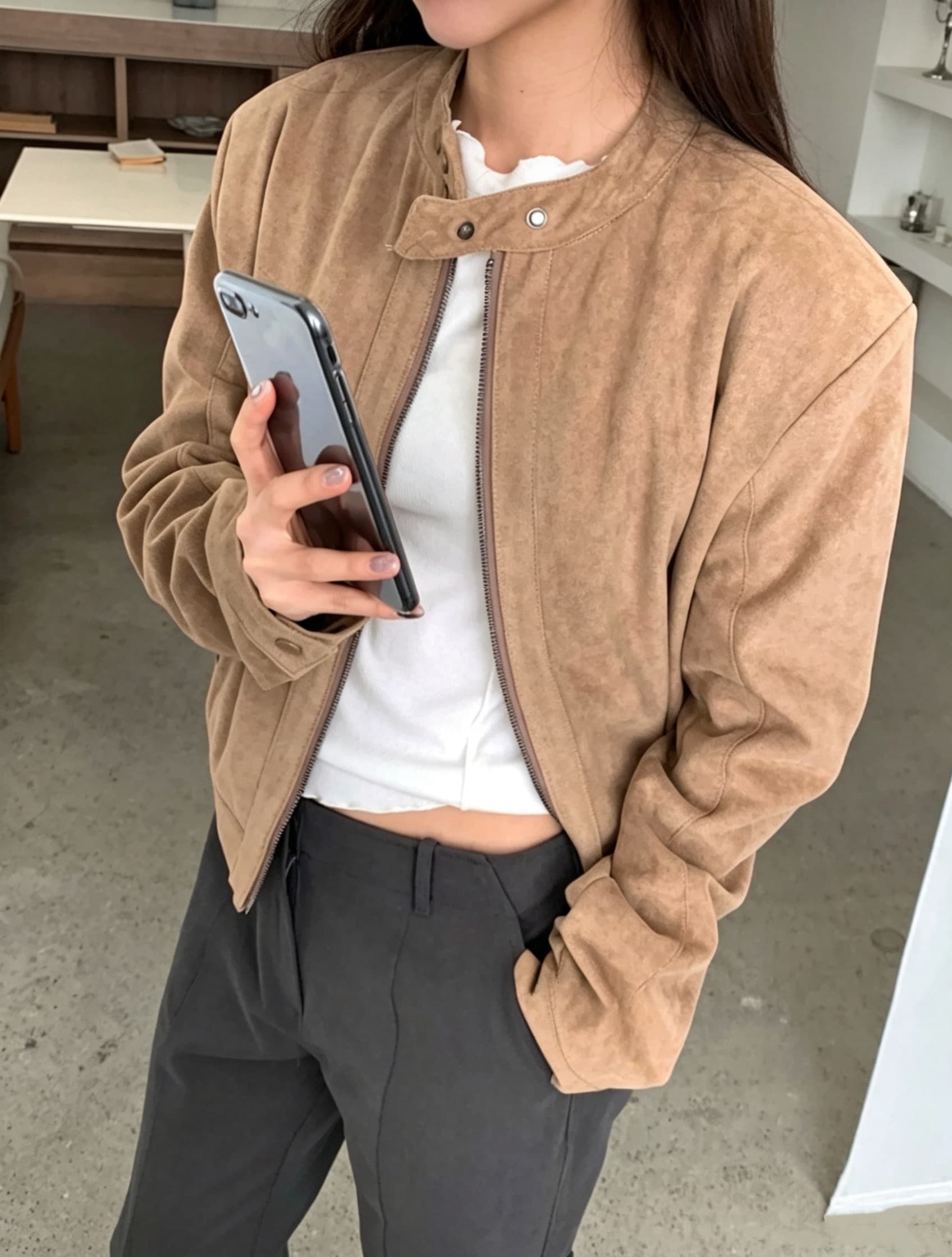 스웨이드 원단 작은 스탠드 칼라 더블 머리 지퍼 슬림해 보이는 재킷 상세 이미지 14