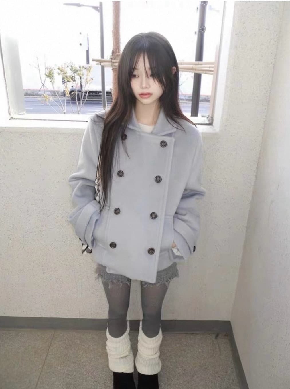 한 팬 이중 버튼 모직 짧은 드레스 재킷 상세 이미지 15