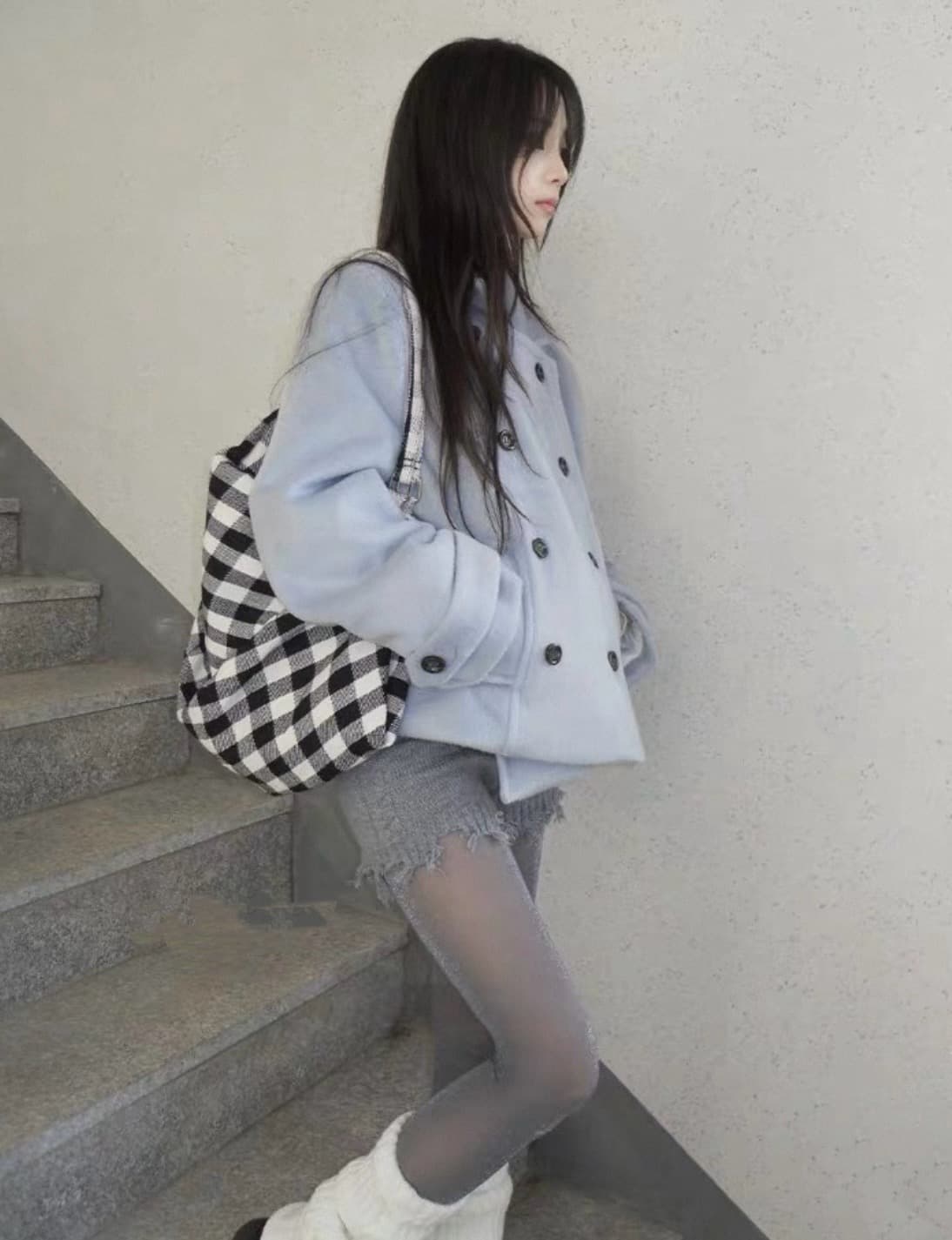 한 팬 이중 버튼 모직 짧은 드레스 재킷 상세 이미지 19