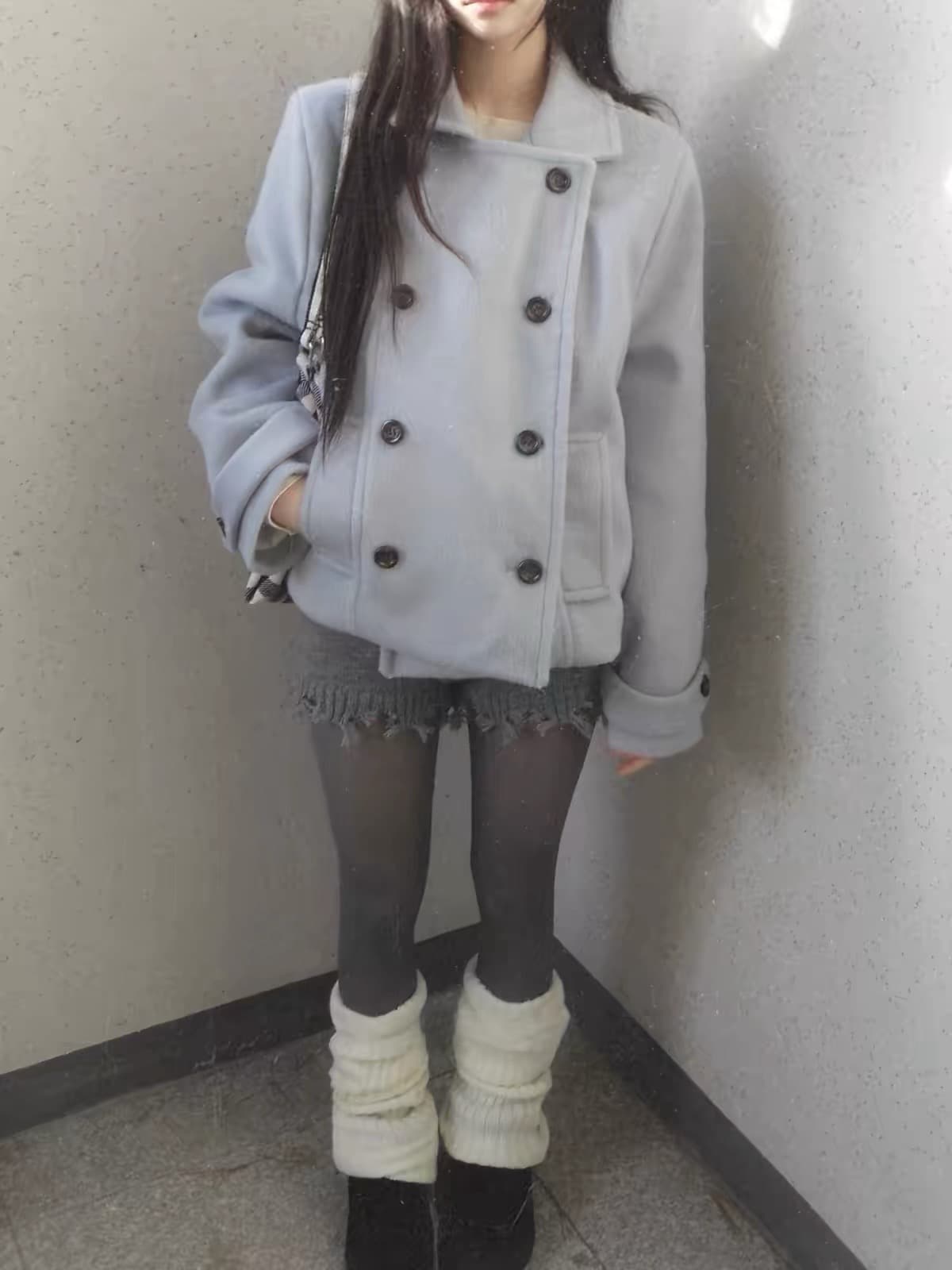 한 팬 이중 버튼 모직 짧은 드레스 재킷 상세 이미지 20