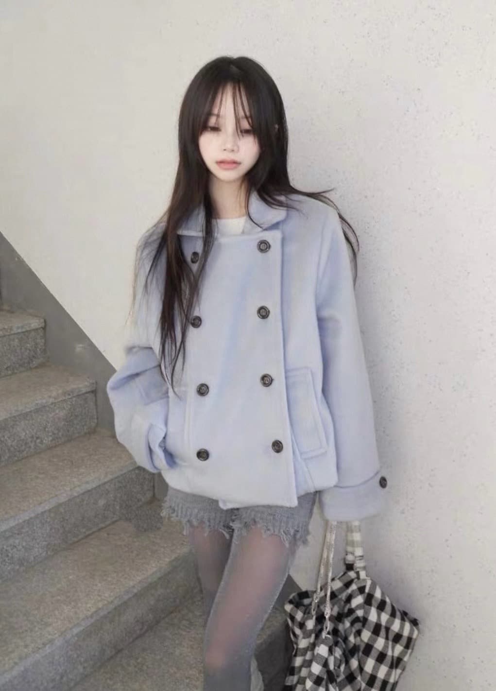 한 팬 이중 버튼 모직 짧은 드레스 재킷 상세 이미지 22