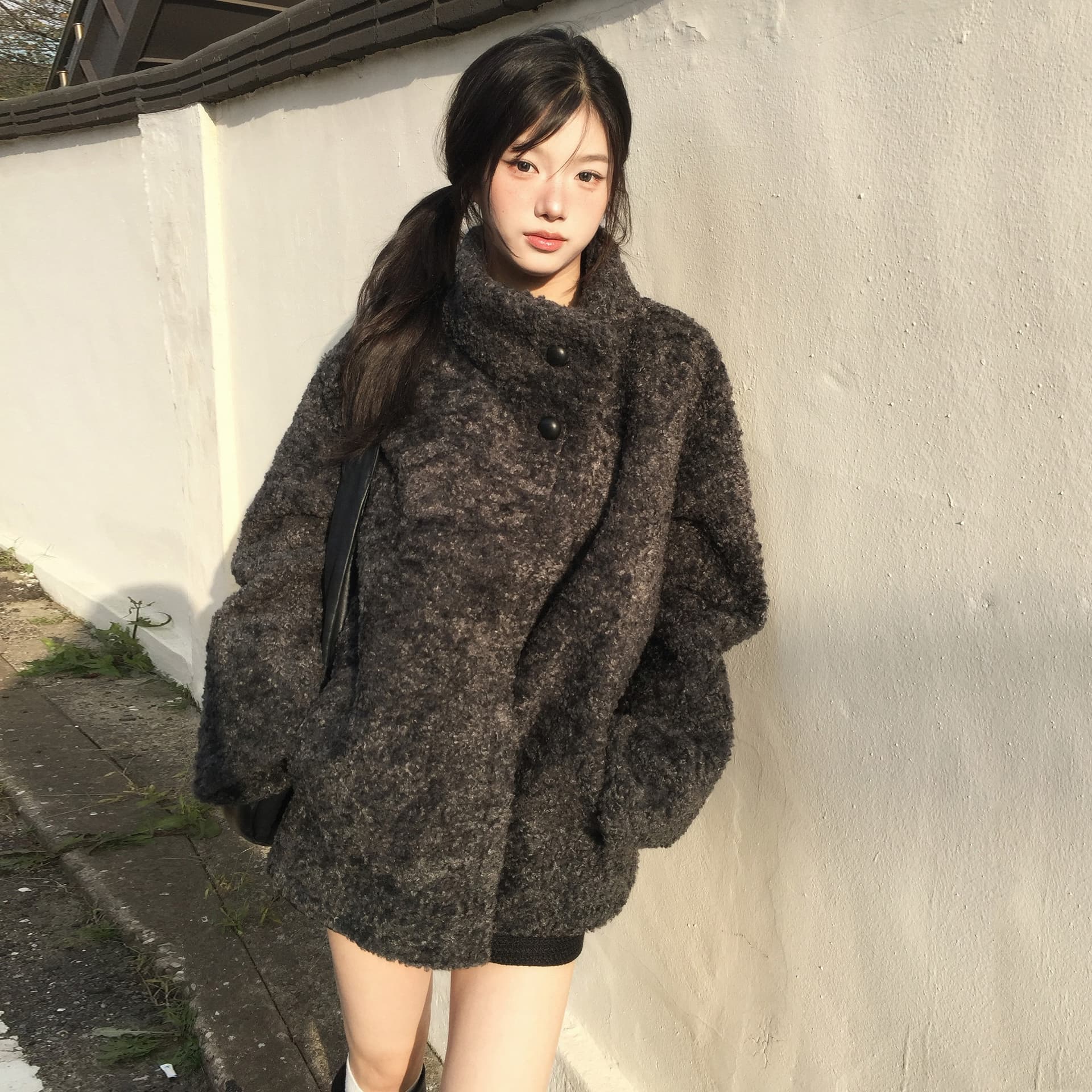 크기 있음 업데이트 프랑스식 레트로 품격 스탠드 칼라 보온 루즈핏 피모 하나 모피 외투 이미지 2