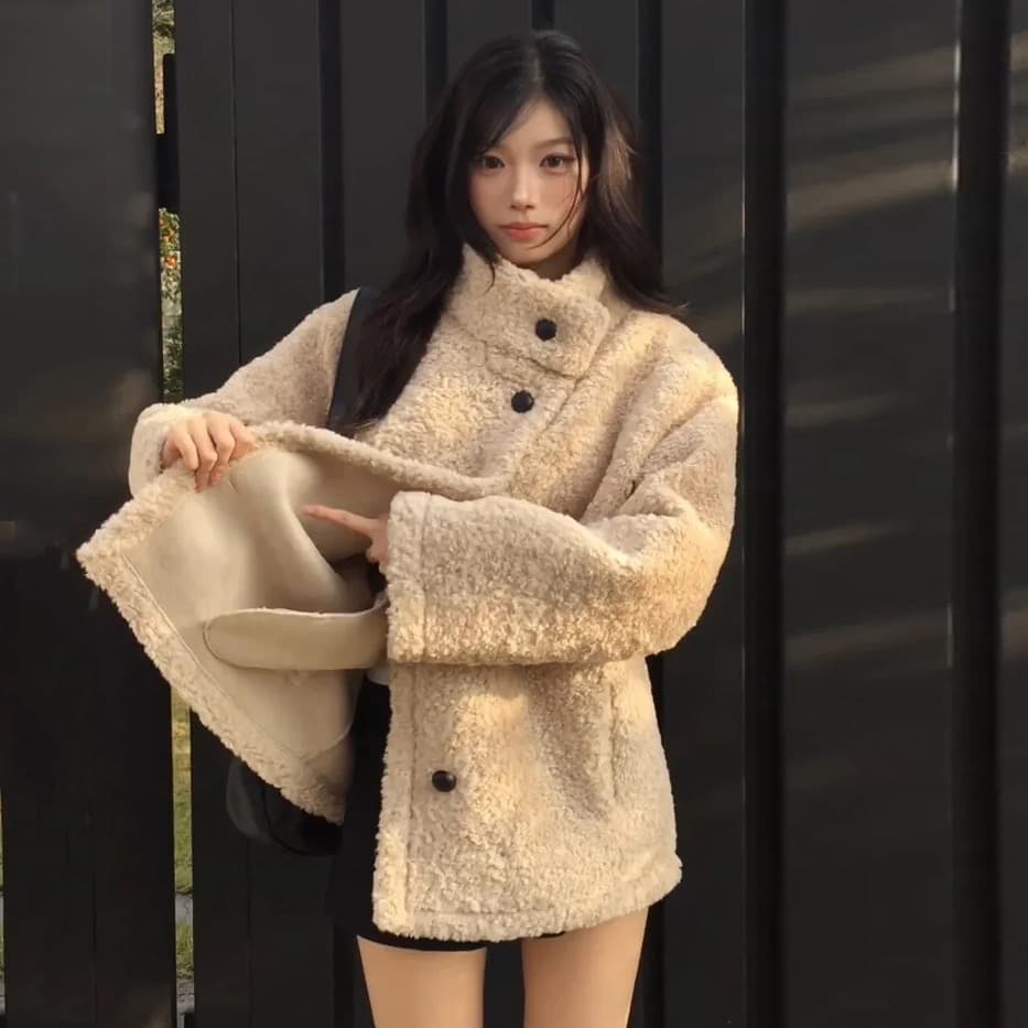 크기 있음 업데이트 프랑스식 레트로 품격 스탠드 칼라 보온 루즈핏 피모 하나 모피 외투