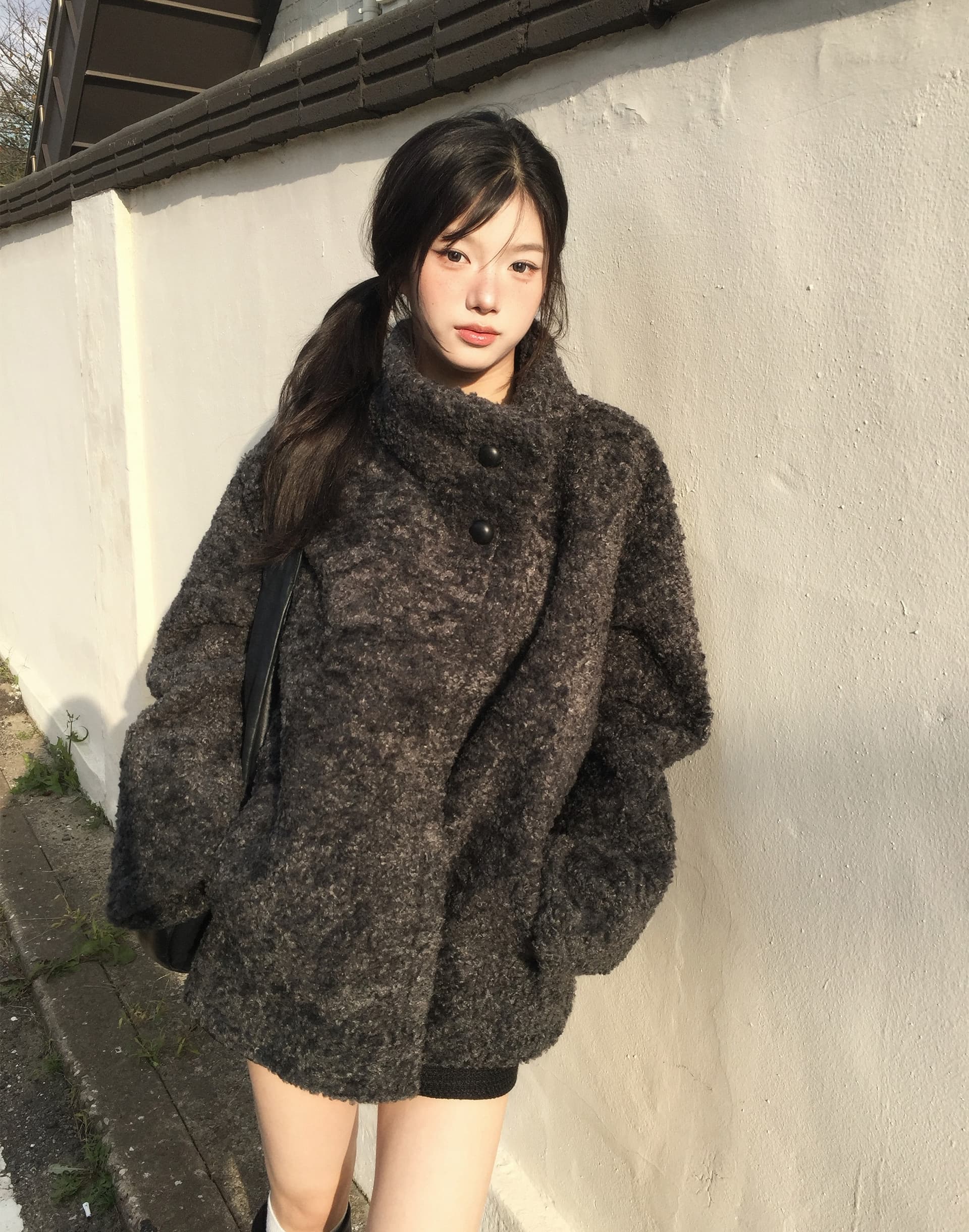 크기 있음 업데이트 프랑스식 레트로 품격 스탠드 칼라 보온 루즈핏 피모 하나 모피 외투 상세 이미지 4
